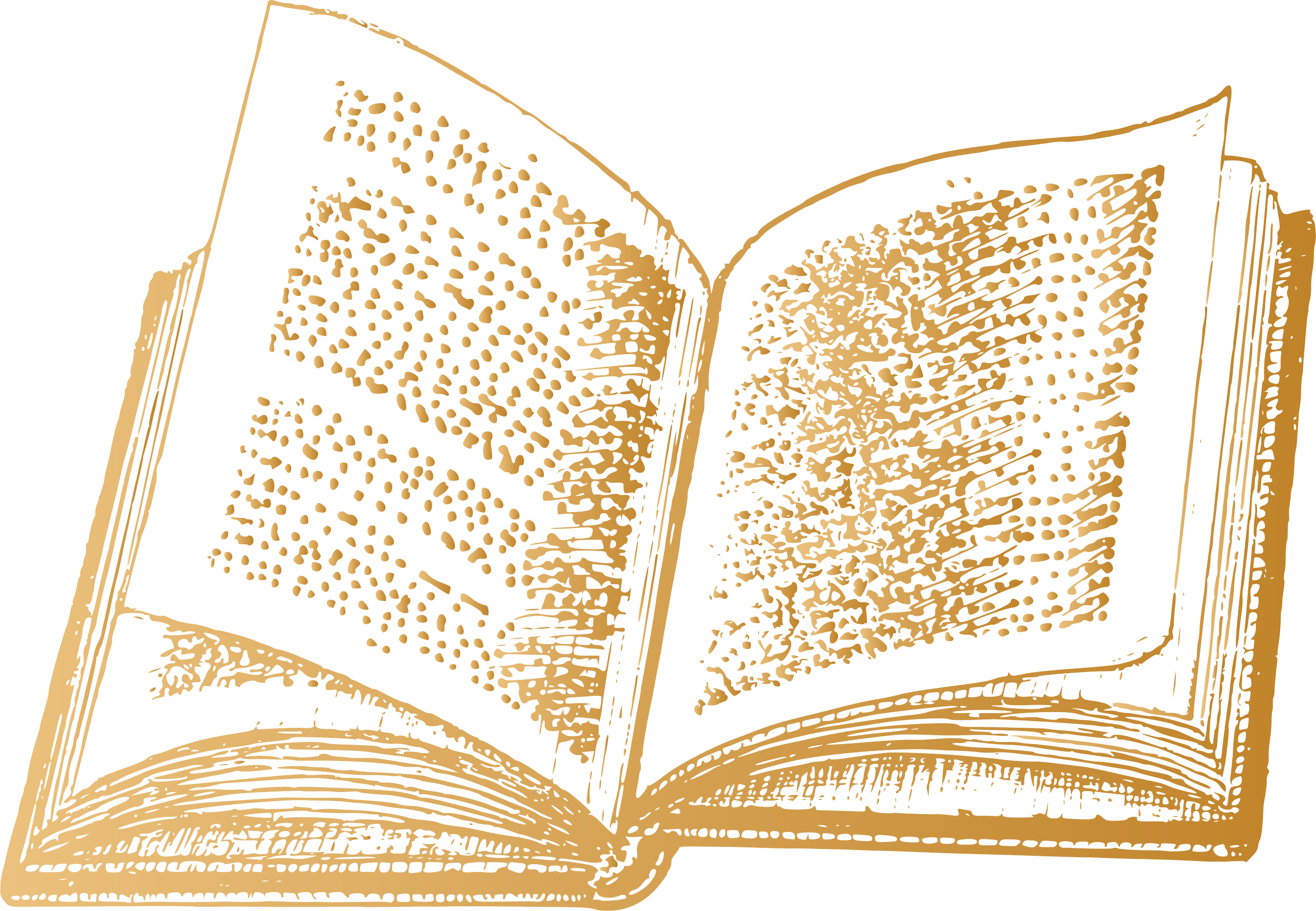 A stylized illustration of an open book with detailed pages.