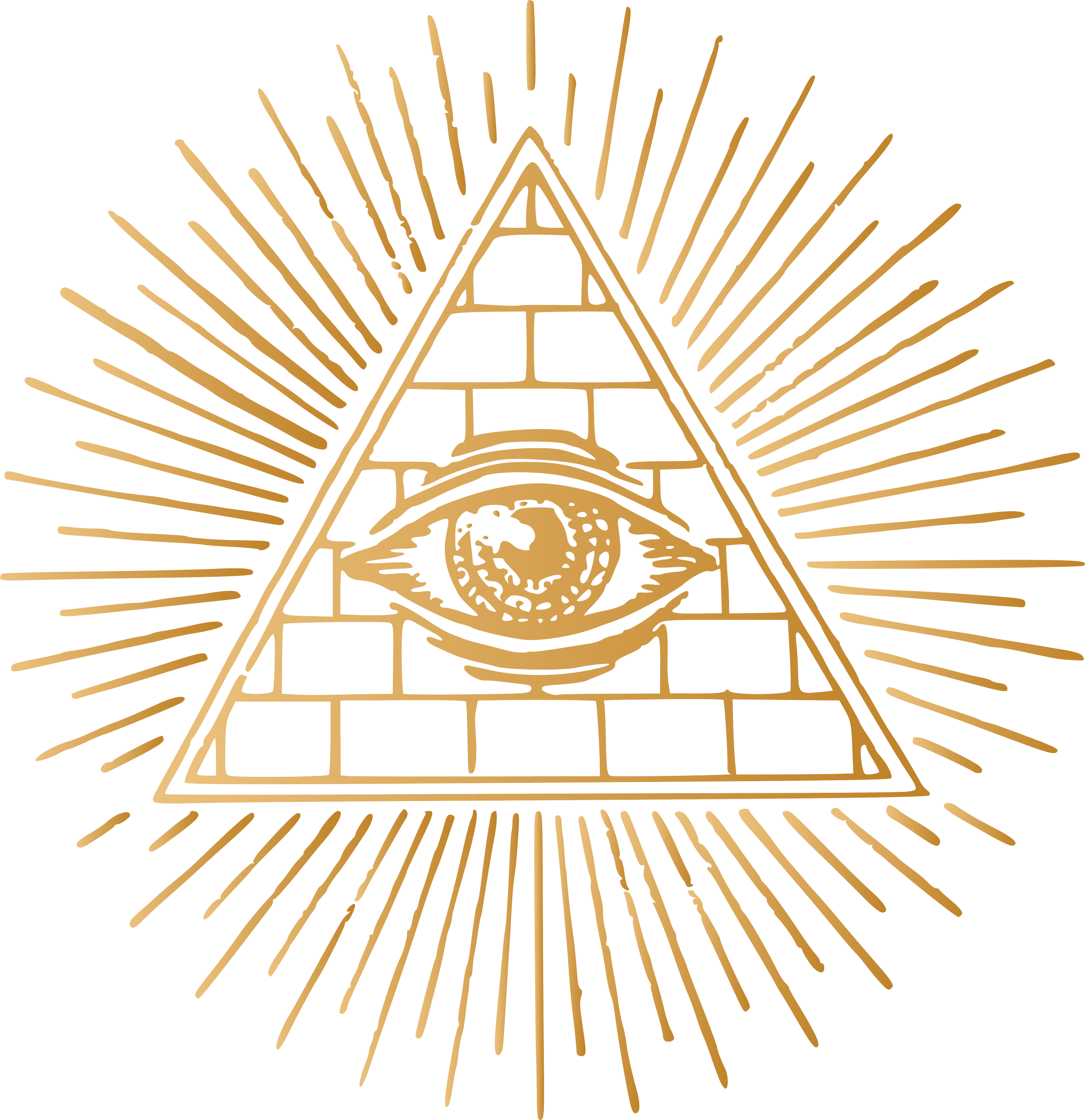 Gold illustration of an Eye within a pyramid, radiating lines, on a white background.