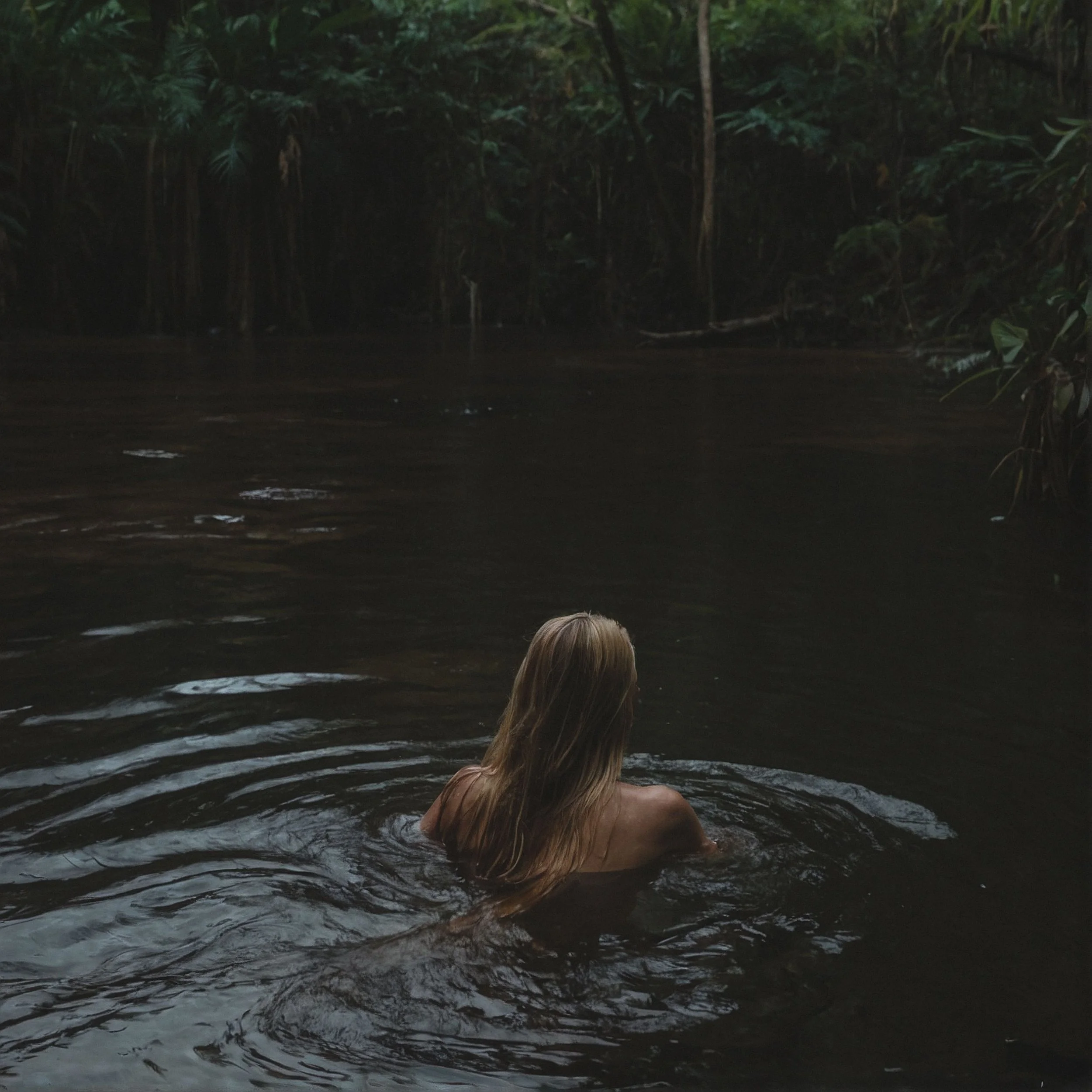 A woman with long hair swimming in a dark, natural body of water surrounded by dense green foliage.