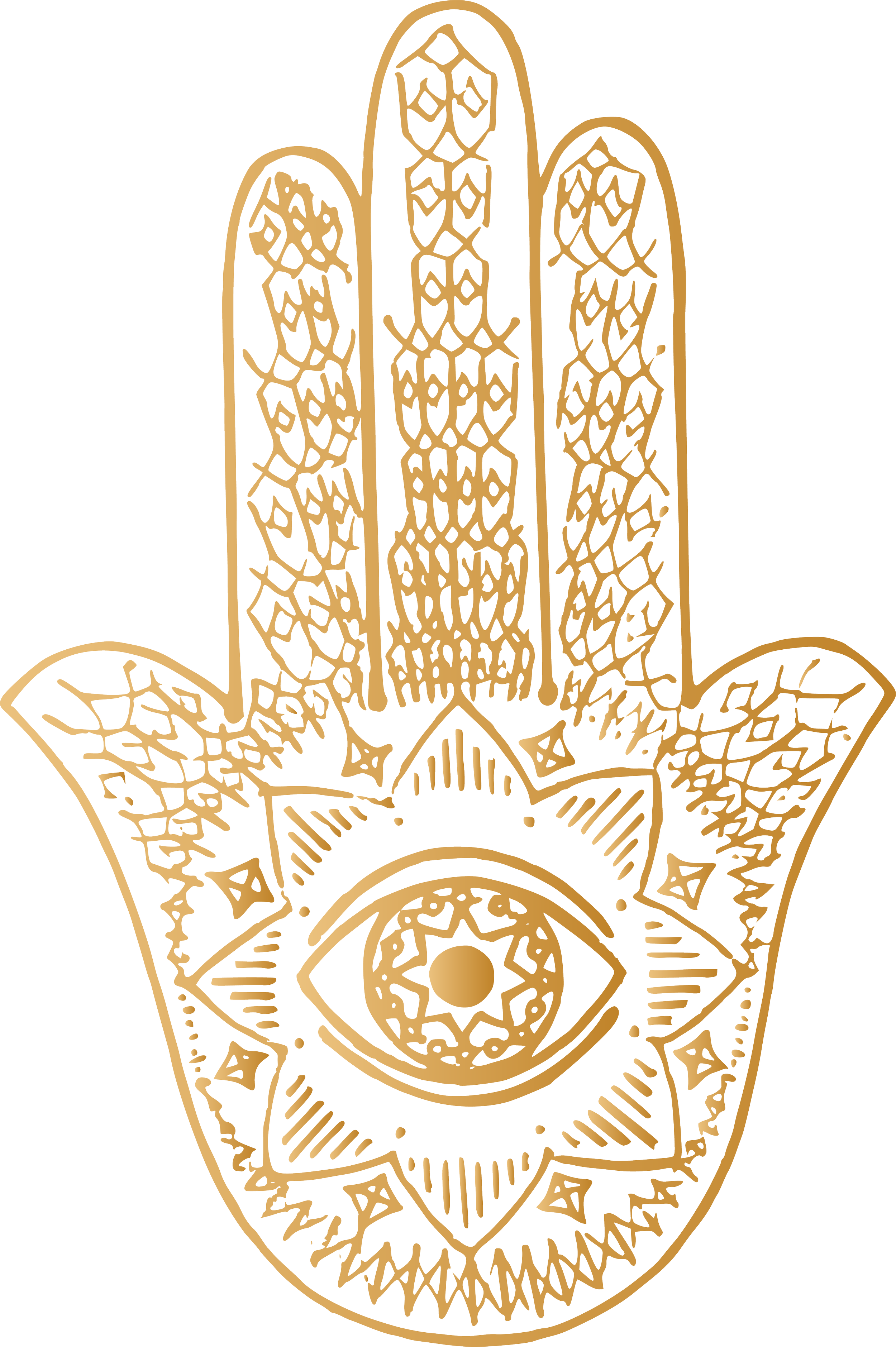 Gold outline of a Hamsa hand with an eye in the center and intricate patterns, on a black background.