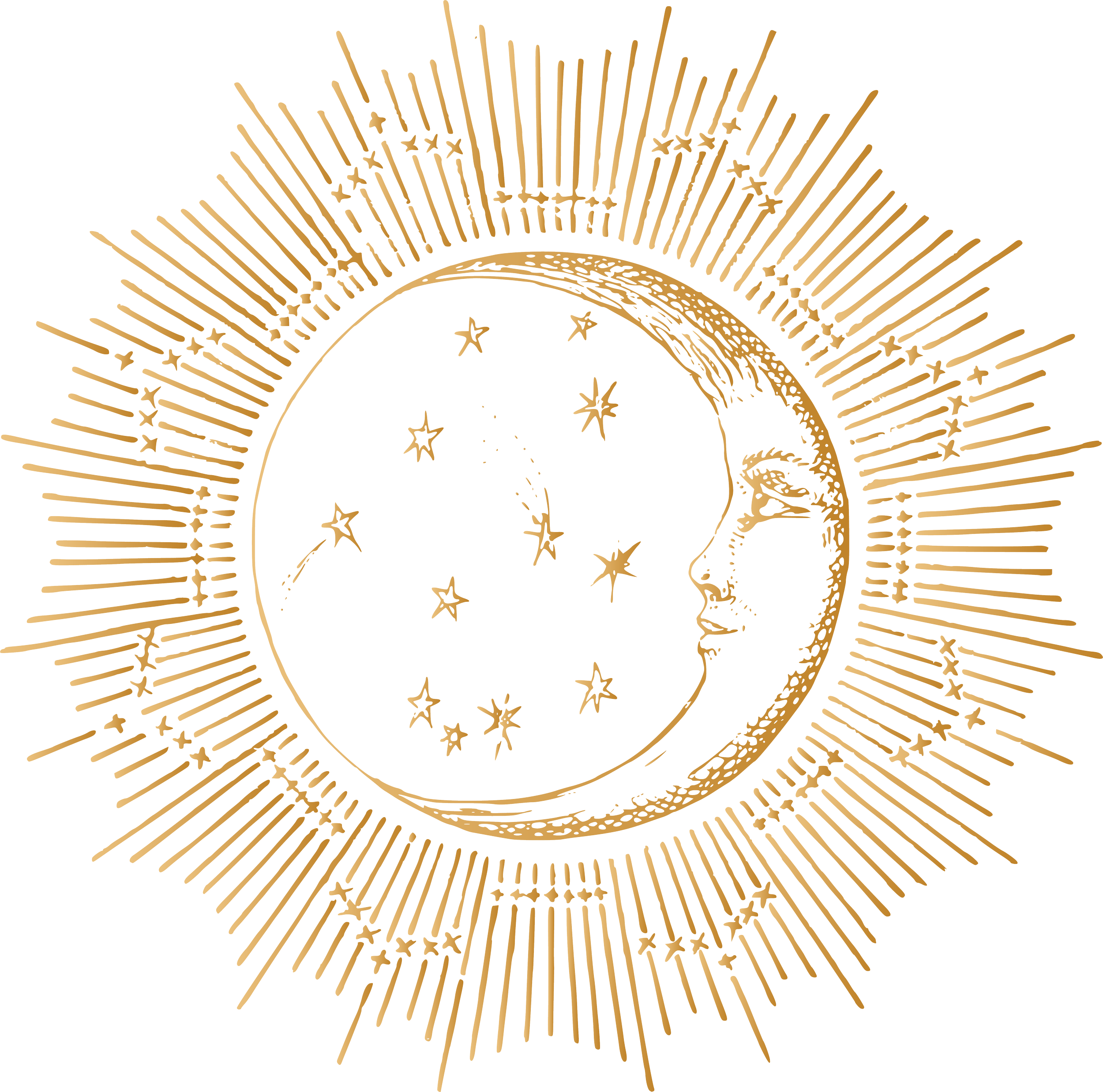 A decorative gold and white emblem featuring a human face in profile inside a crescent moon surrounded by stars and rays radiating outward.