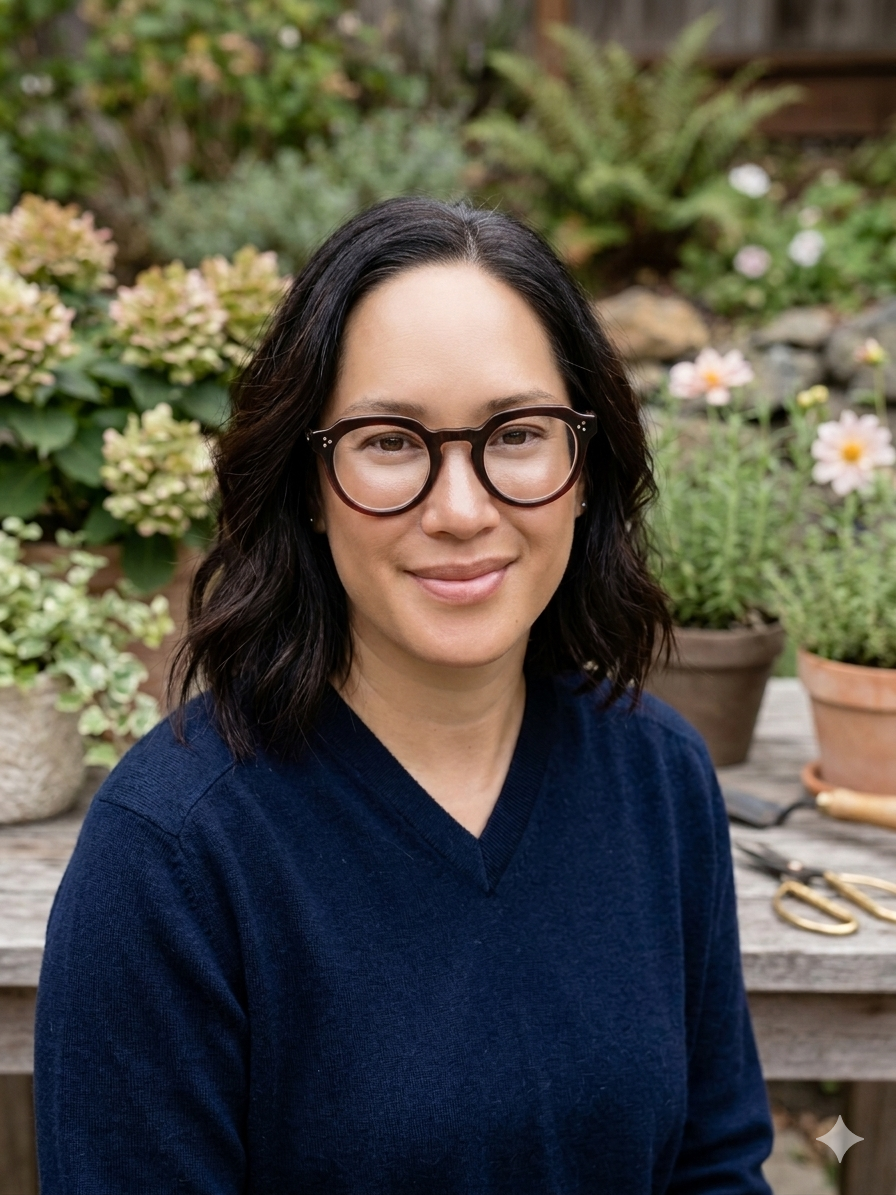 A woman with wavy dark hair and glasses, wearing a navy blue sweater, sitting outdoors in a garden with various plants and flowers.