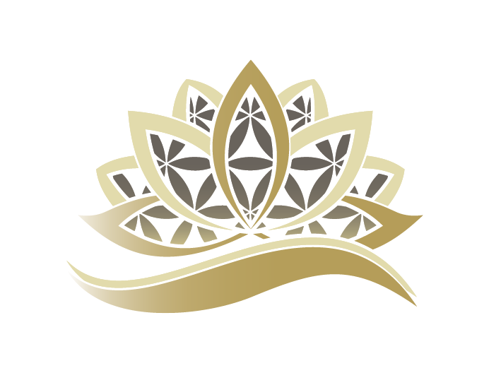 Ein stilisiertes Logo mit einer goldenen Blüte in der Mitte auf einem schwarzen Hintergrund.