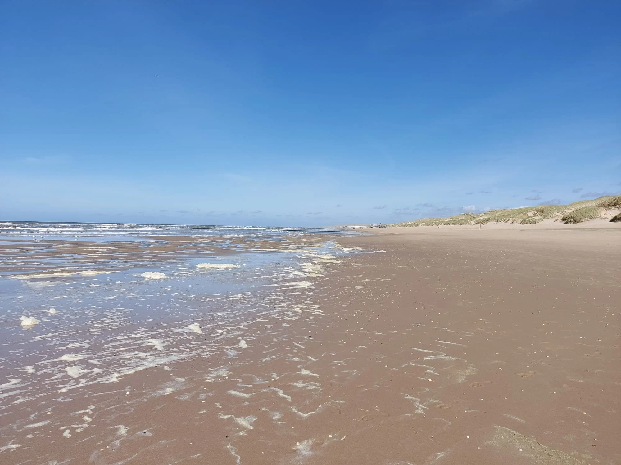 Leerer Sandstrand mit Wellen im Meer und Sanddünen im Hintergrund bei sonnigem Himmel.