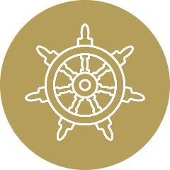 Skizze eines Steuerrads, umgeben von einem goldfarbenen Kreis.