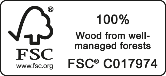 FSC-label met tekst over 100% hout uit goed beheerde bossen en FSC-certificaatnummer