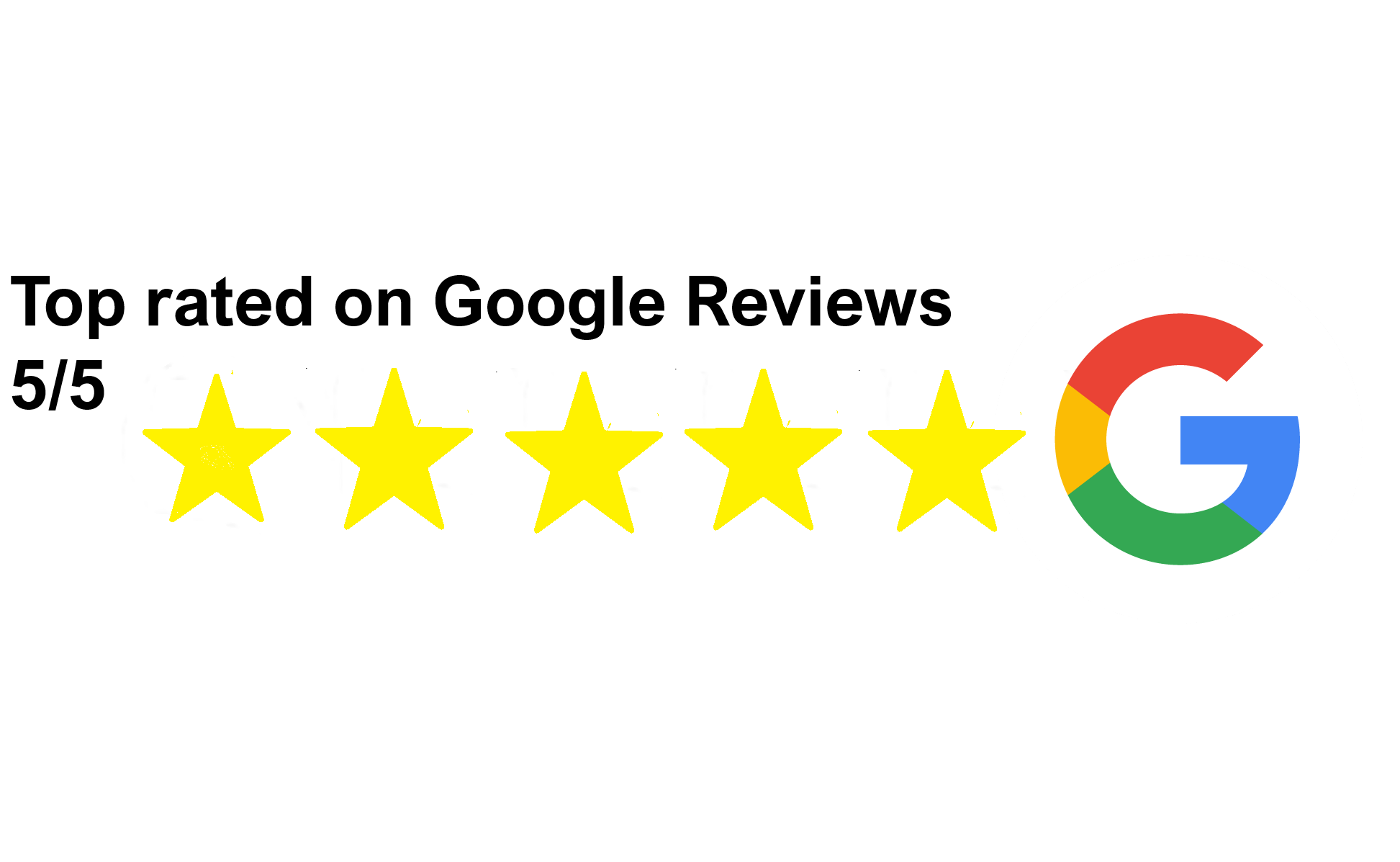 Een Google logo naast vijf gele sterren en de tekst 'Top rated on Google Reviews 5/5'.
