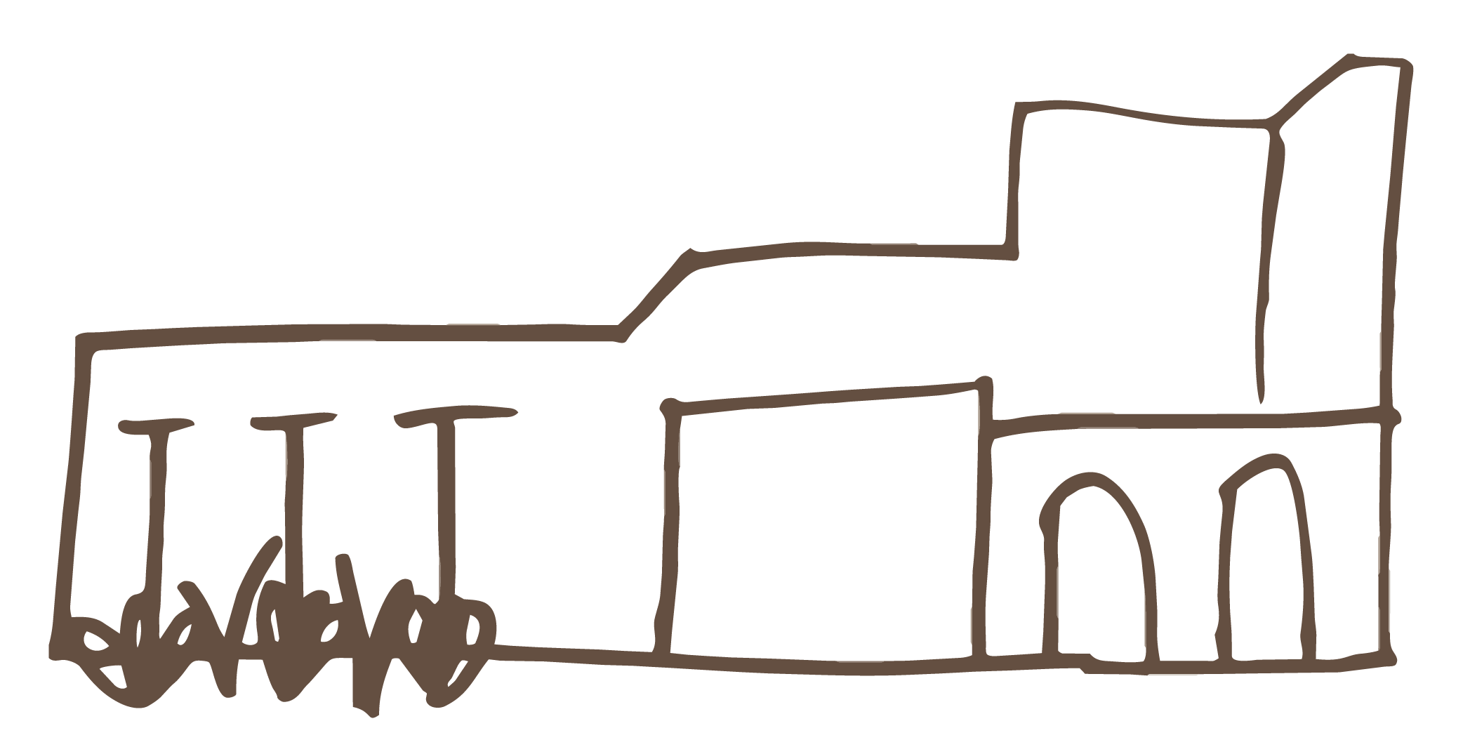 Simple line drawing of a train engine with a smokestack and wheels, in brown color.