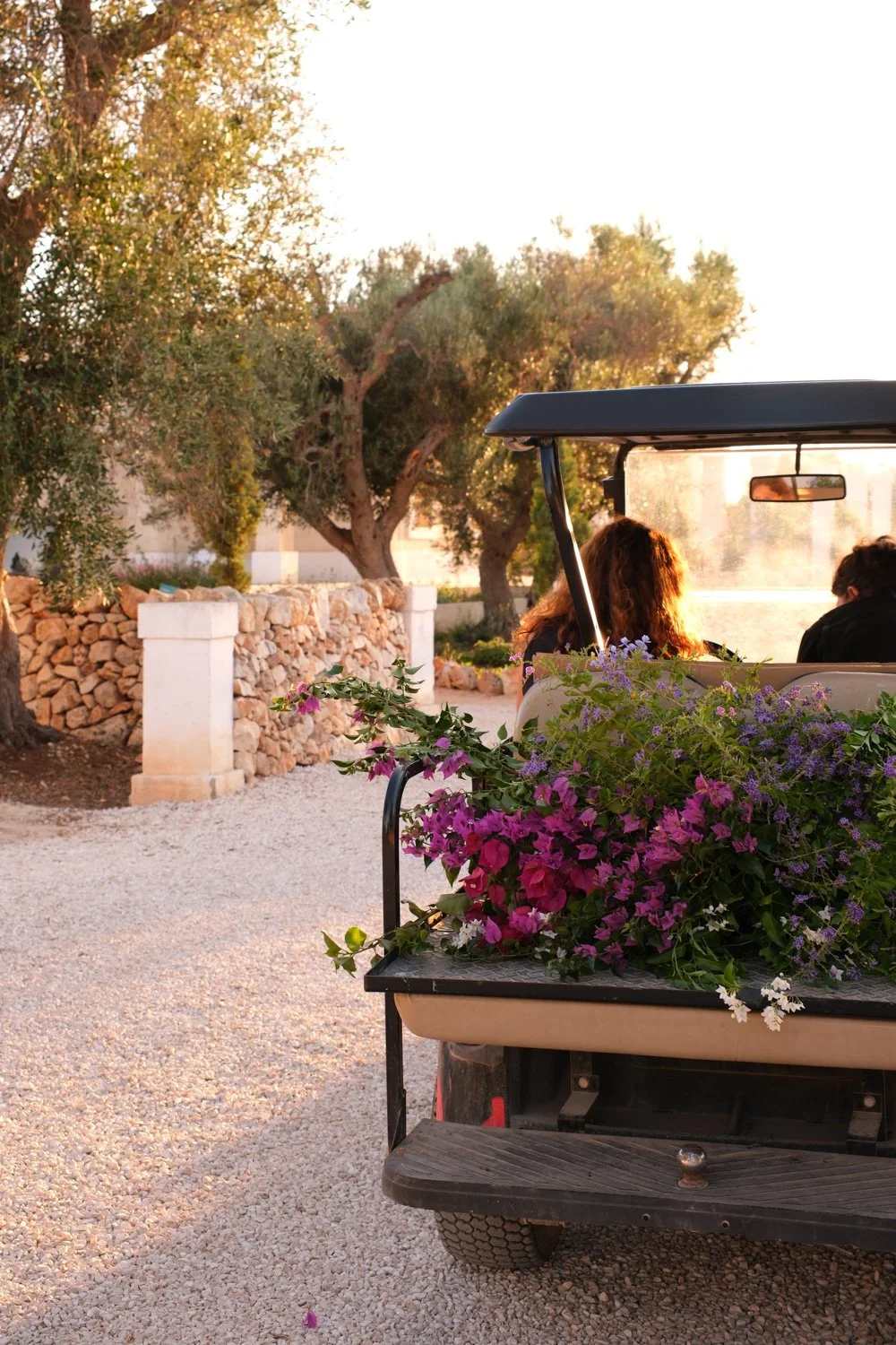 People sitting in a golf cart decorated with pink and purple flowers, with trees and a stone wall in the background during sunset.