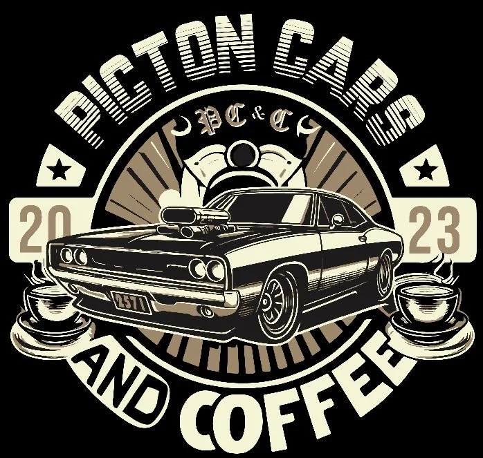 Design featuring a classic muscle car with a supercharger on top, surrounded by the text 'Piston Car Show and Coffee 2023', with coffee cups on either side.