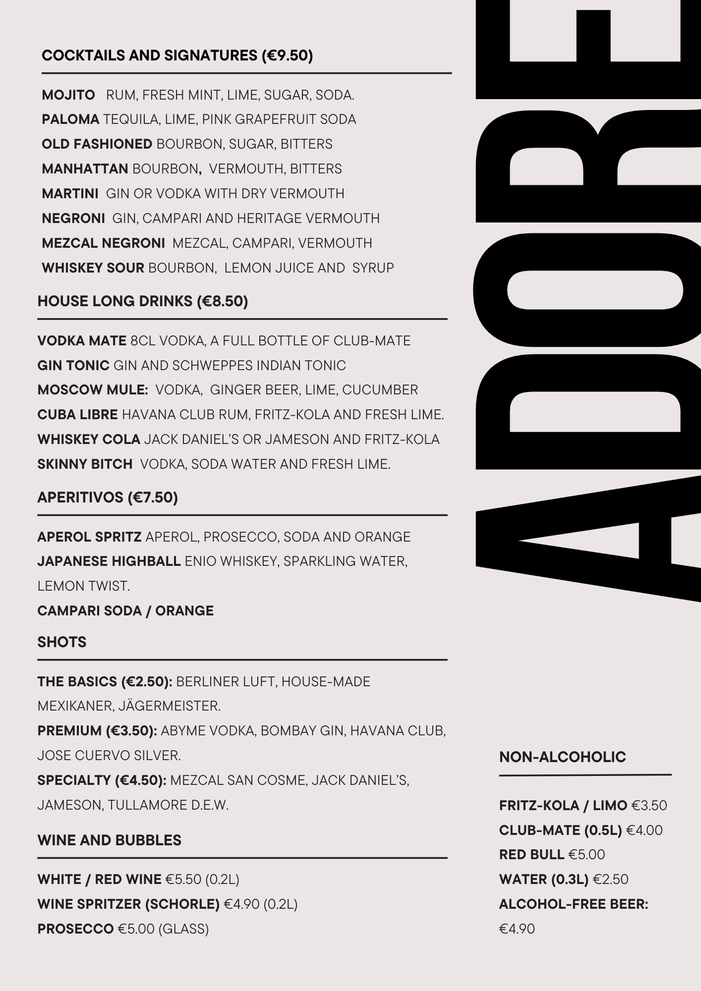 Speisekarte mit Cocktails, Long Drinks, Aperitivos, Shots, Weinen, Wasser und alkoholfreien Getränken.