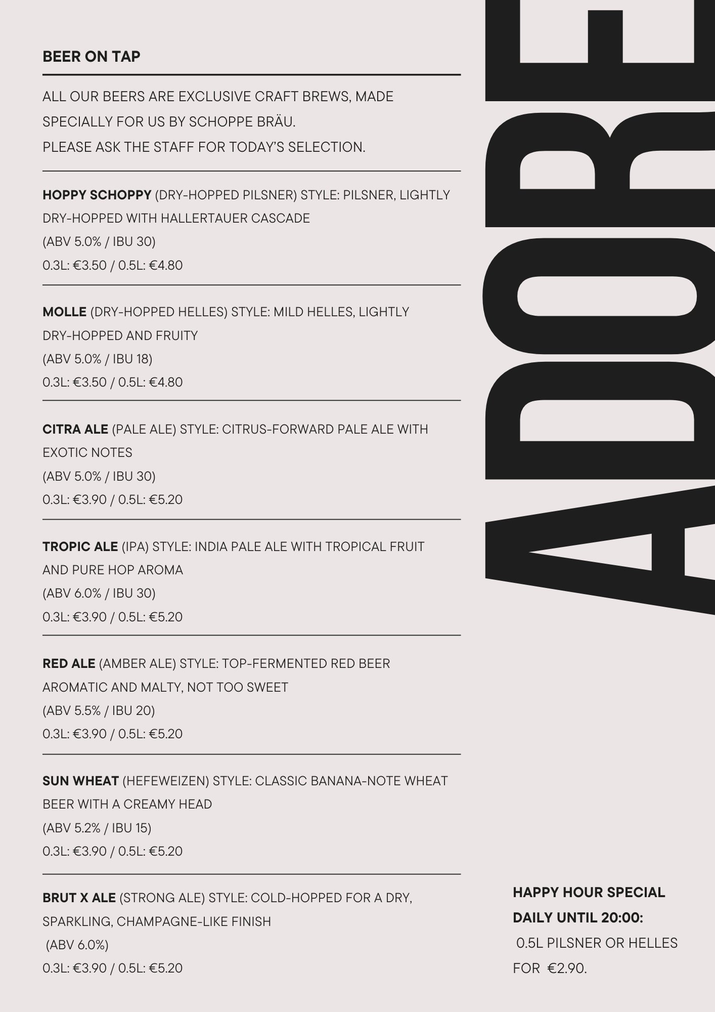 Getränkekarte mit verschiedenen Bieren, inklusive Biersorten, Beschreibungen, Preise und Happy Hour Angebot.