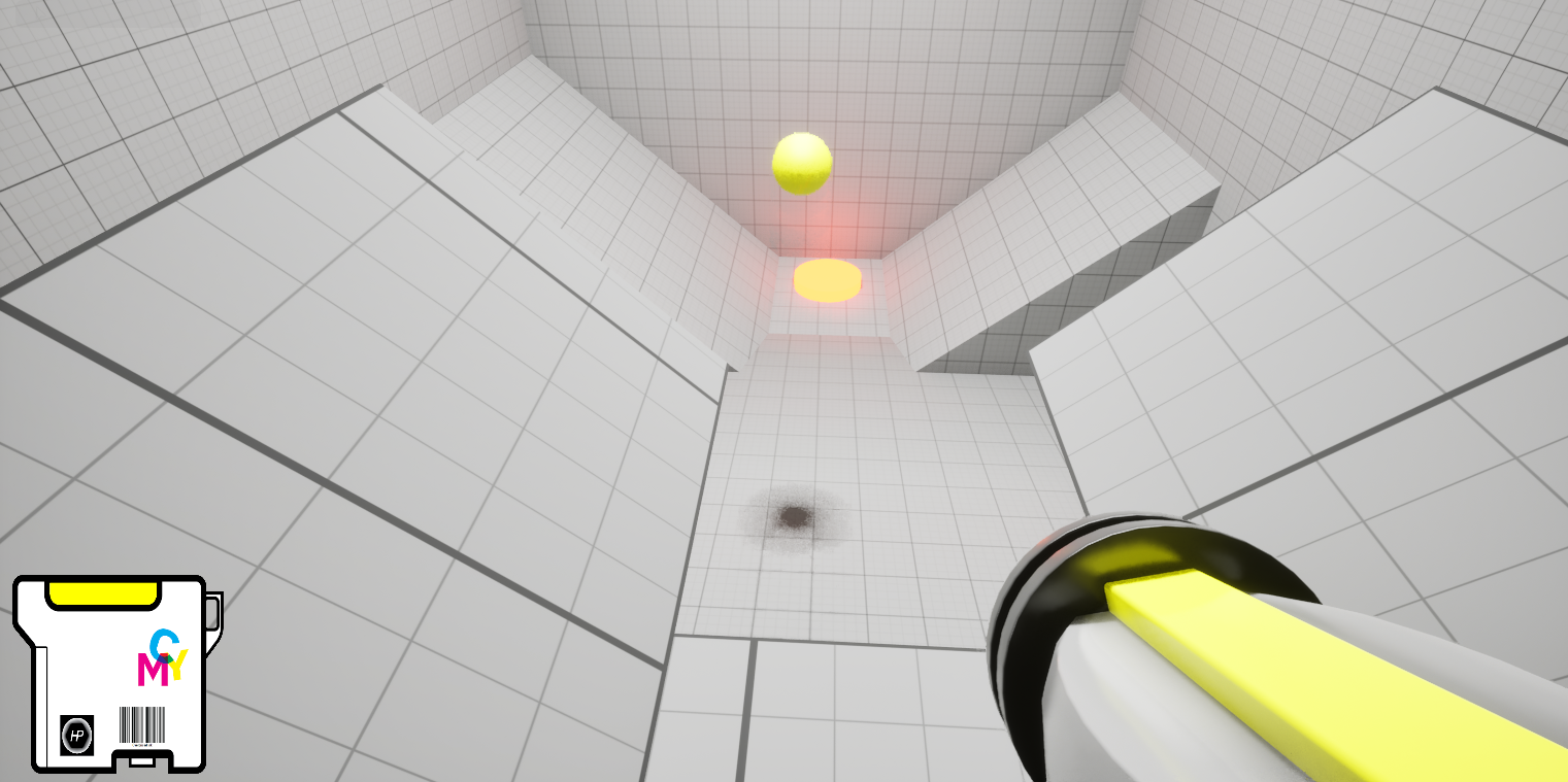 Yellow blocks have extra bouncy properties. Our hero can bounce the now yellow ball to activate a switch, allowing him to proceed.