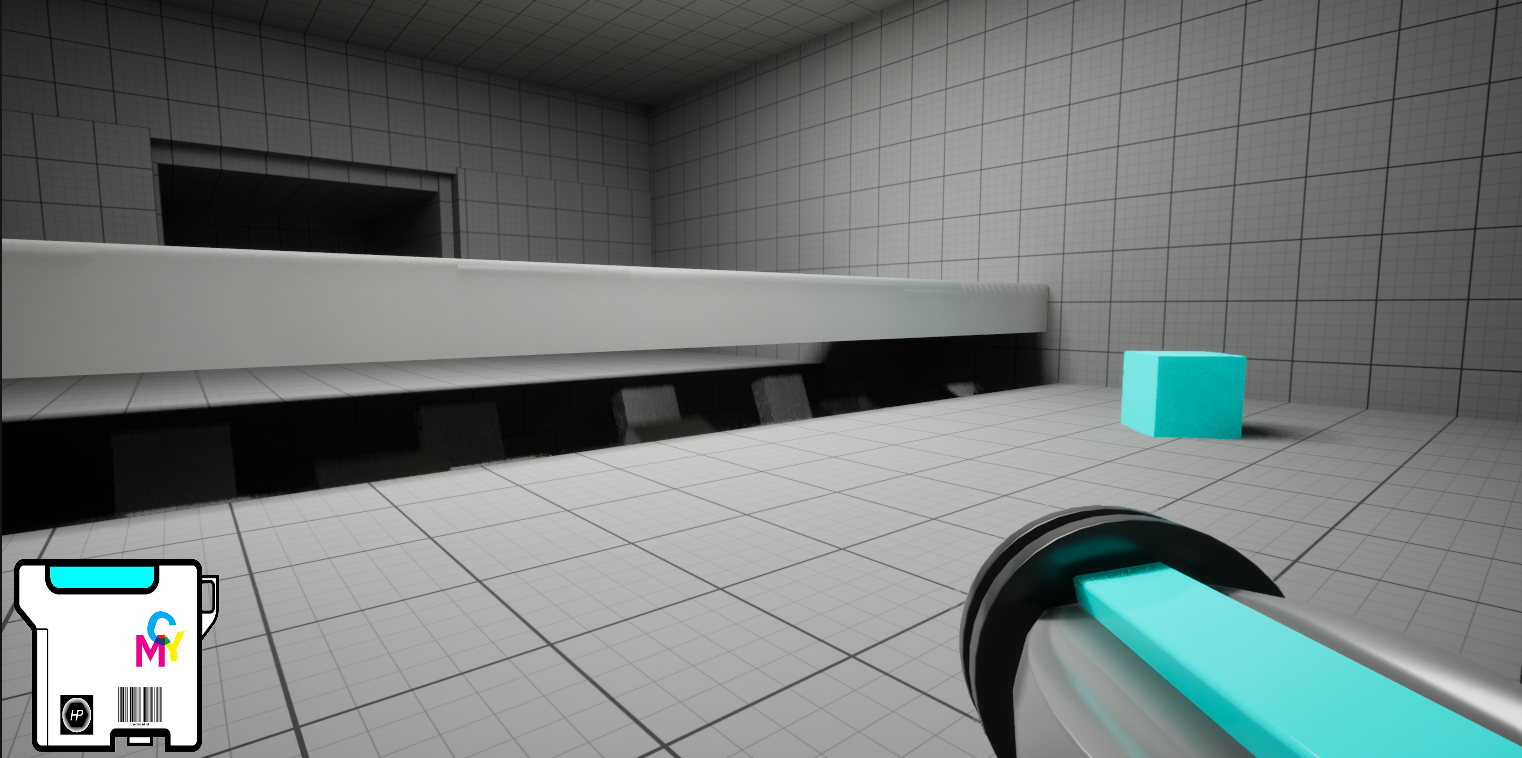 The Cyan color makes any block slippery! Our hero can slide the block through the gap in the blockade, removing the blockade from his path.