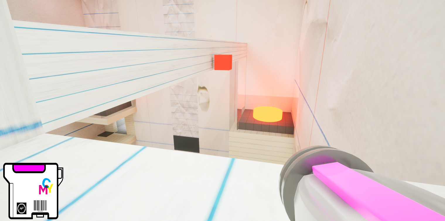 The final room has three buttons, one of which is activated by a Red block. Red blocks are made with Magenta and Yellow, and they hover at the same height when pushed off an edge.