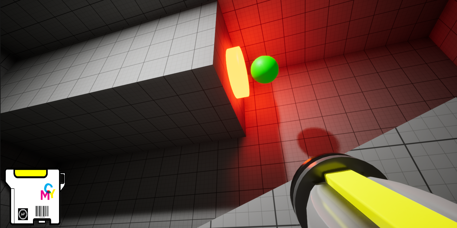 Combing Cyan and Yellow creates Green. Green objects defy gravity and float to the top of the room. There happens to be a button our hero needs to press to enter the final room.