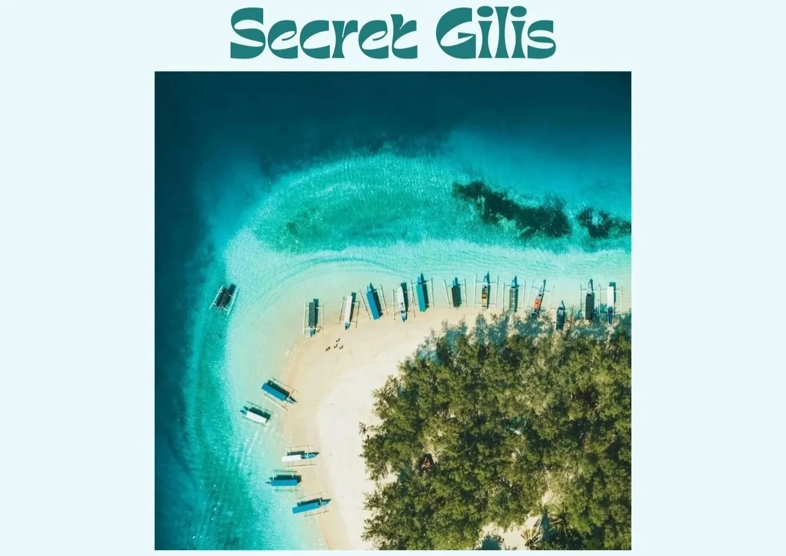 An aerial view of a beach with sunbeds and umbrellas along the shoreline, turquoise water with gentle waves, and greenery at the bottom of the image. The text 'Beach Escapes' is at the top.