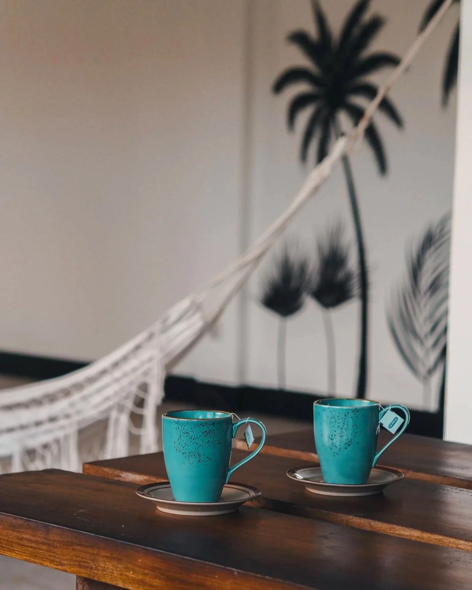 Two turquoise coffee mugs with tags on small plates on a wooden table with plants in the background.