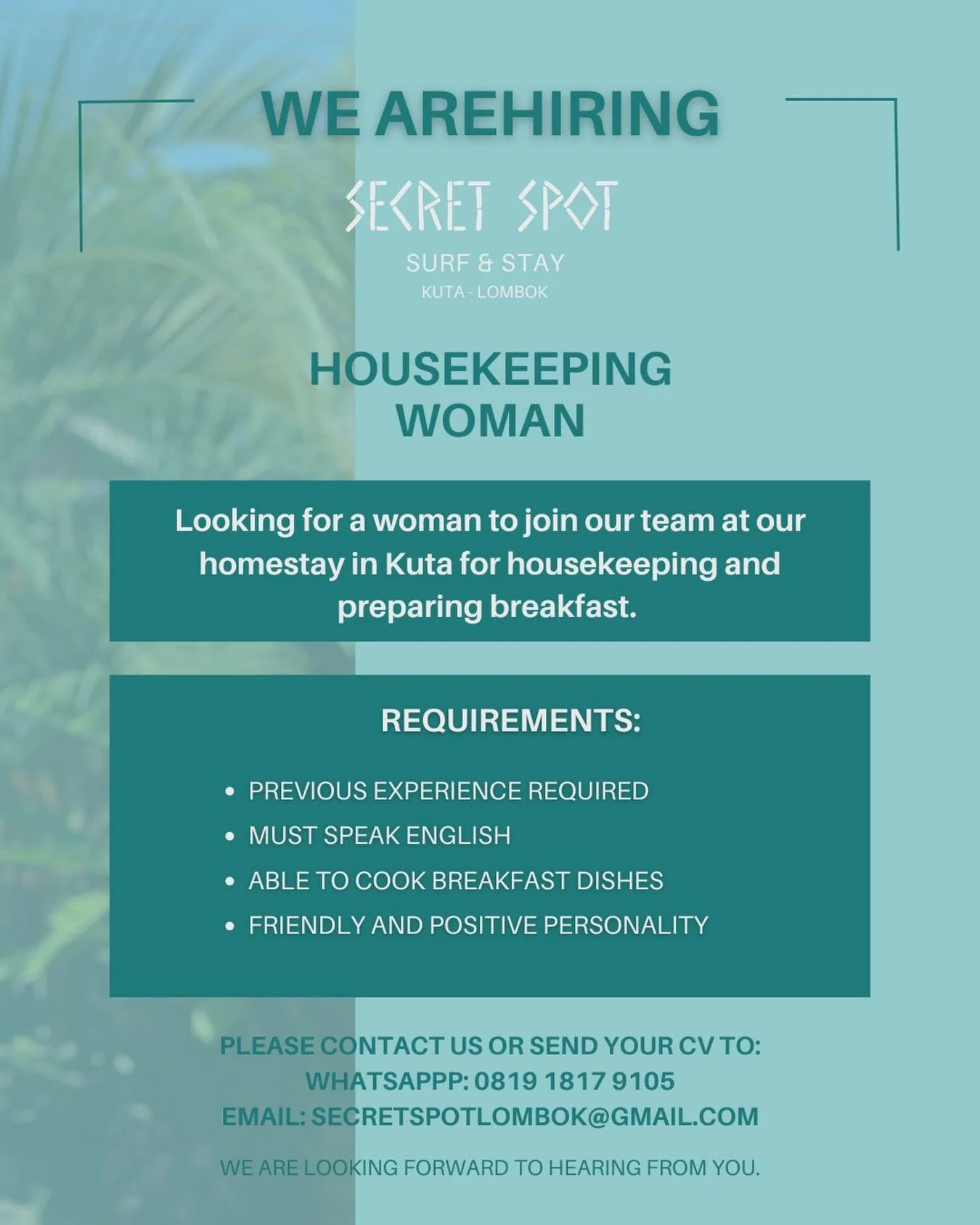 Looking for a woman to join our team. 

Send us your CV on WhatsApp: +62 853 38638937 🌸