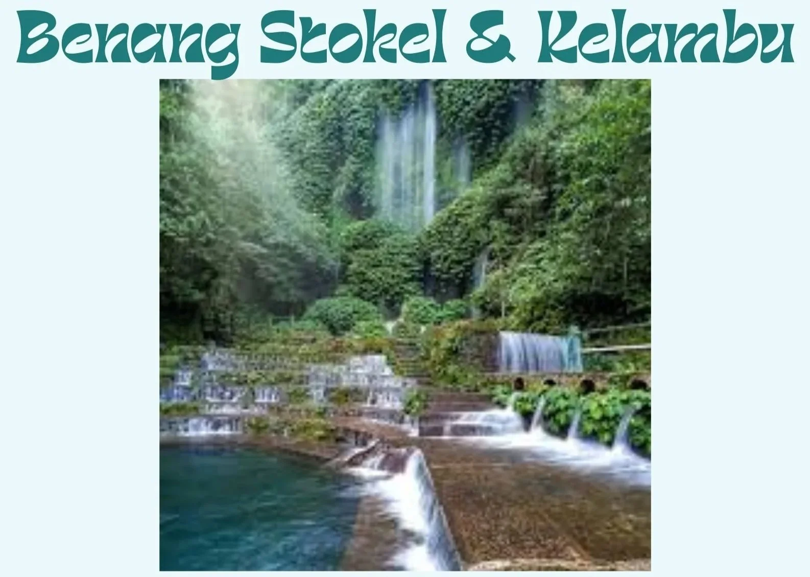 Scenic view of Chasing Waterfalls with lush green trees, multiple waterfalls cascading down a hillside, terraced rocks, and a small pond at the bottom.