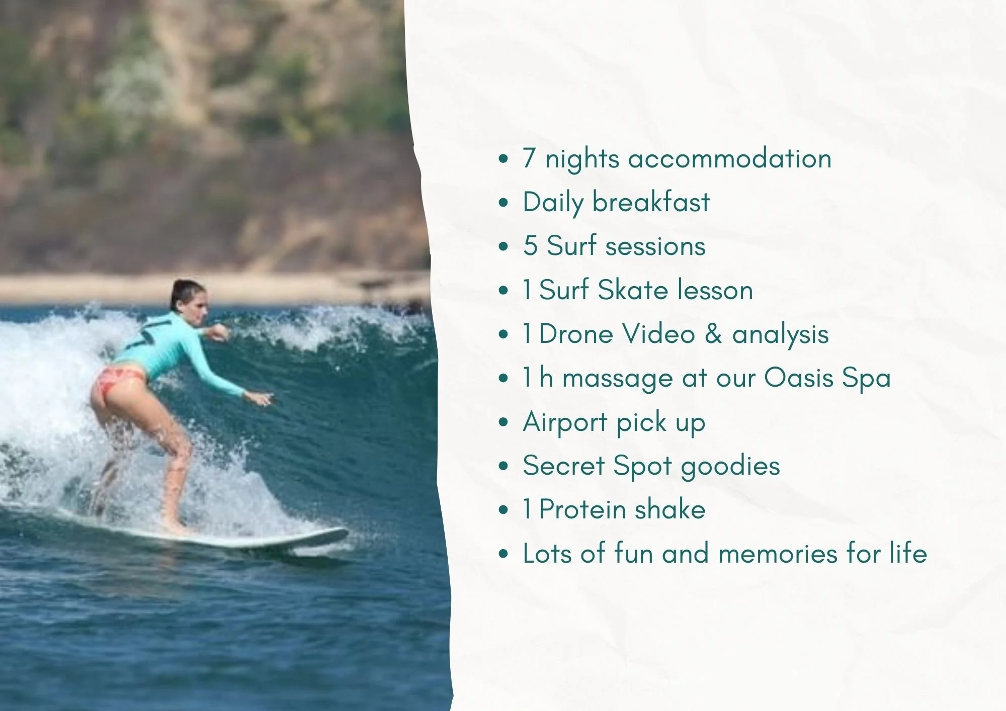 A woman surfing on a wave near the beach, with a list of activities and amenities on the right side, including accommodations, meals, surf lessons, spa, transportation, village tour, and local experiences.