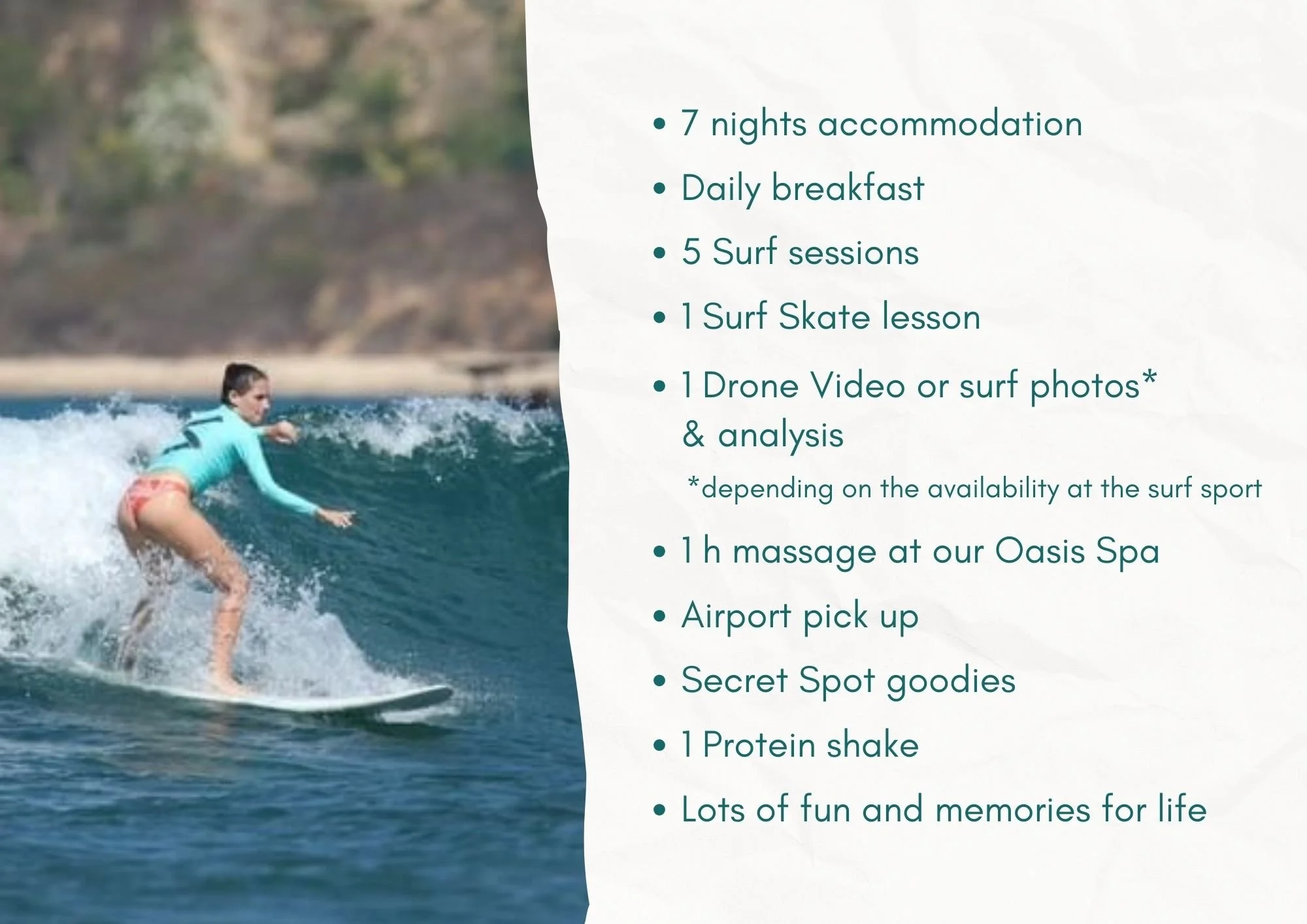 A woman surfing on a wave near the beach, with a list of activities and amenities on the right side, including accommodations, meals, surf lessons, spa, transportation, village tour, and local experiences.