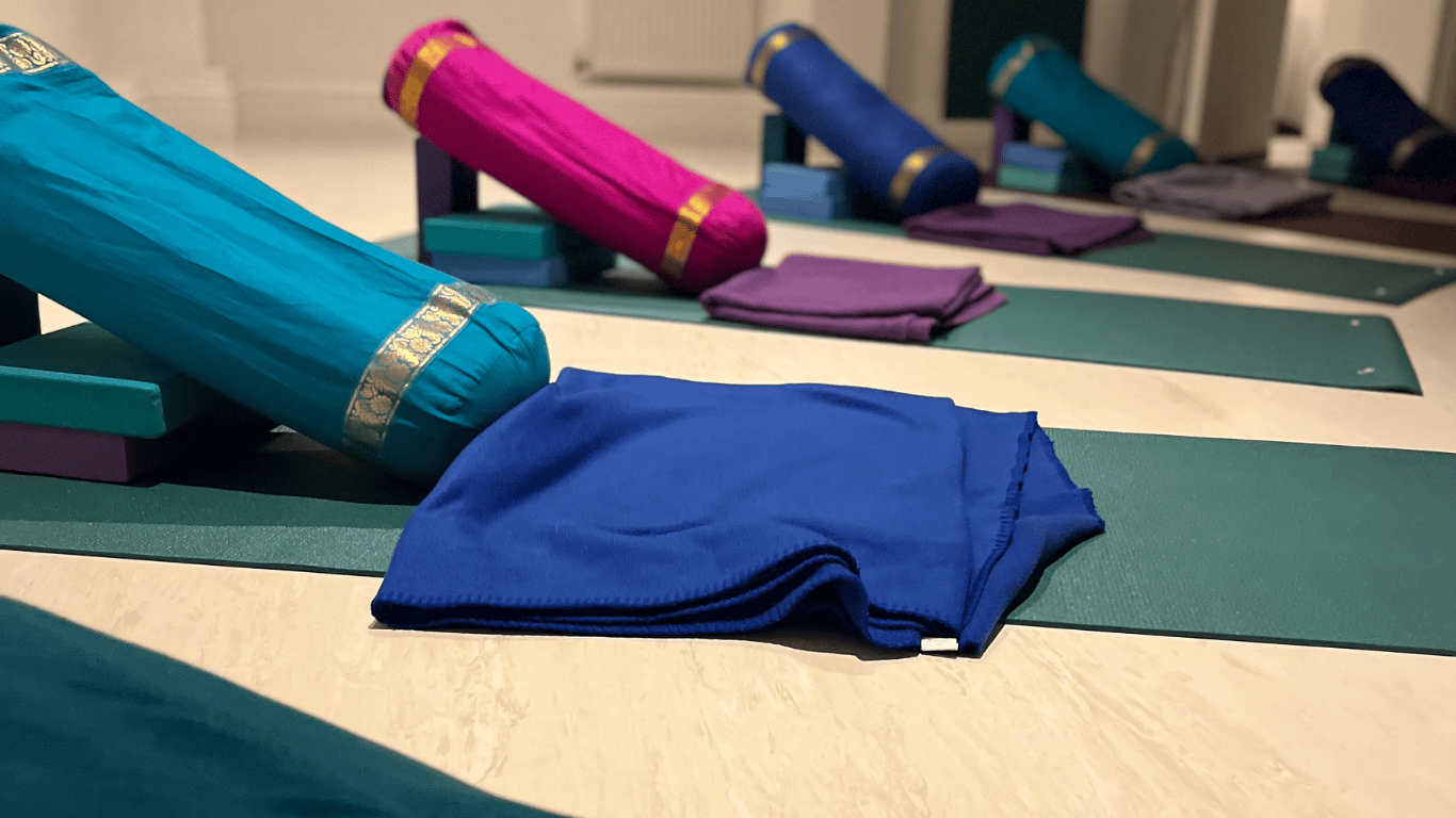 Pregnancy Yoga room at Yogabodhi in Bath, blocks, blankets and pillows