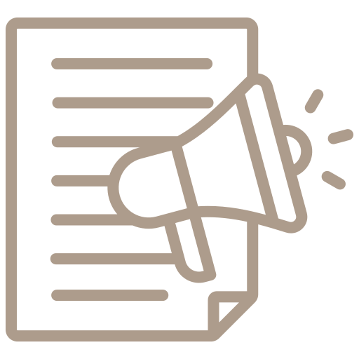 Icon of a document with lines of text and a megaphone, indicating an announcement or communication.
