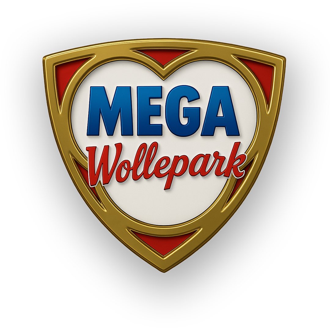 Logo van Mega Wollepark met gouden schild en rode en witte details, met de tekst 'MEGA Wollepark' in blauw en rood.