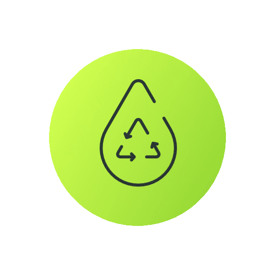 A green circular icon with a black outline of a water droplet containing a recycling symbol inside.