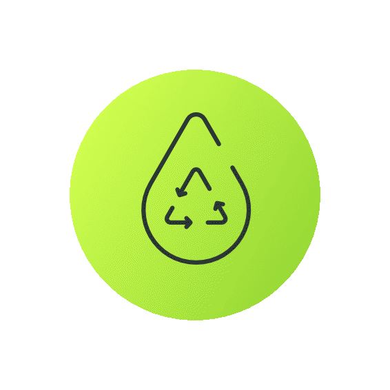 Green circular icon with a droplet containing a recycling symbol inside.