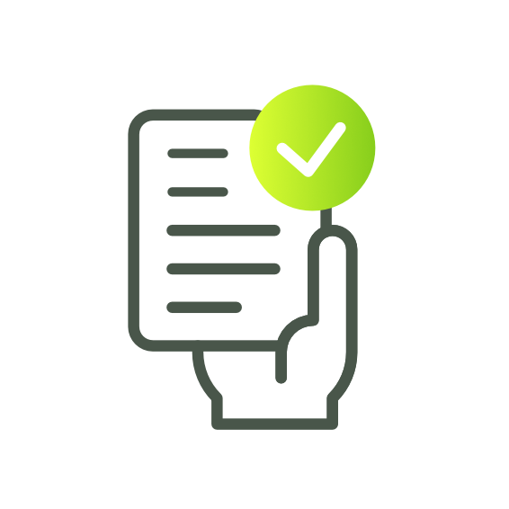 An icon of a document with a green check mark, representing successful approval or verification.