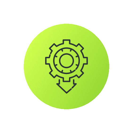 Green circle with a black outline gear and arrow icon, representing settings or download.