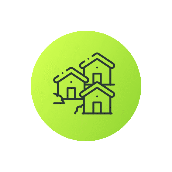 Icon of three houses in a circle with a green background.