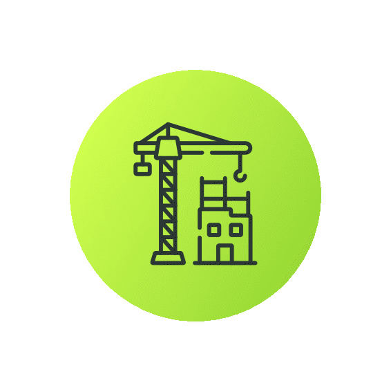 Icon of a construction crane next to a building inside a green circle