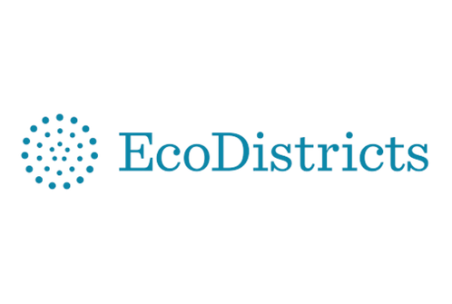 EcoDistricts logo with a circular blue icon made of dots and the text 'EcoDistricts' in blue.