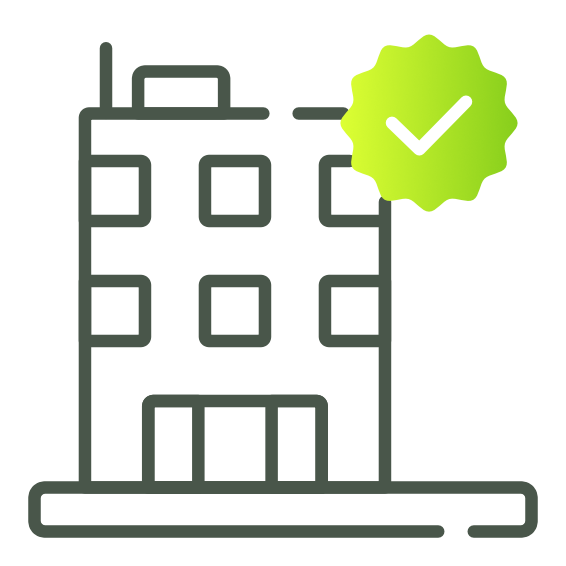 A simplified illustration of a nuclear power plant with a green checkmark symbol indicating approval or safety.