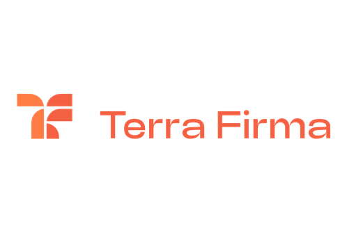 A logo with an abstract orange symbol resembling a stylized leaf or flower, followed by the text 'Terra Firma' in bold red font.