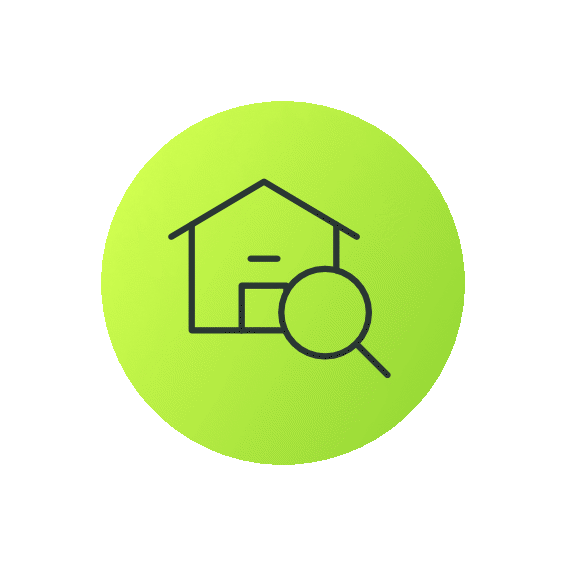 Icon of a house with a magnifying glass, indicating real estate search.