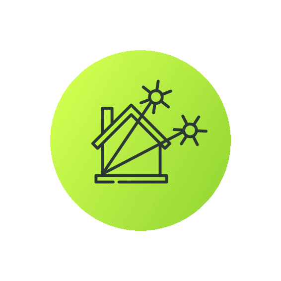 Icon of a house with the sun shining on it, represented by two shining stars, inside a green circle on a blue background.