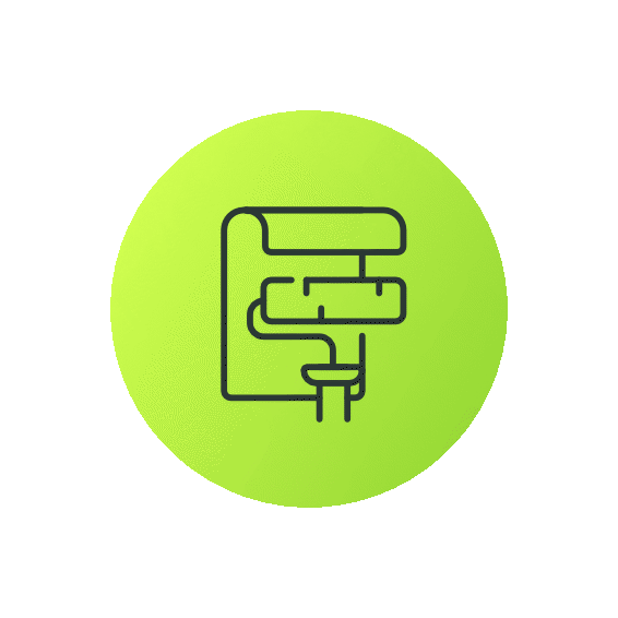Green circular icon with a black outline of an industrial water treatment or filtration system.