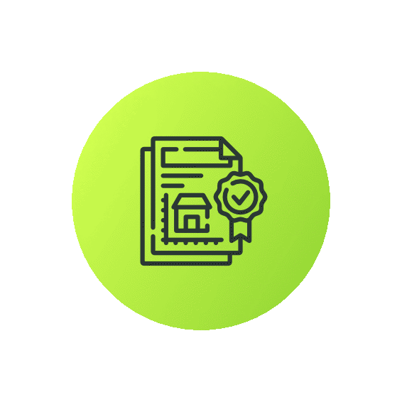 Icon of a house blueprint with a checkmark badge, indicating certification or approval.