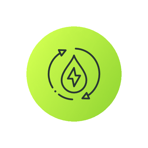 Icon of a water droplet with a lightning bolt inside, surrounded by circular arrows, on a green background.