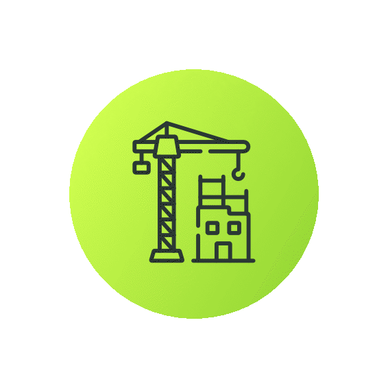 Line drawing of a construction crane and building on a green circular background.