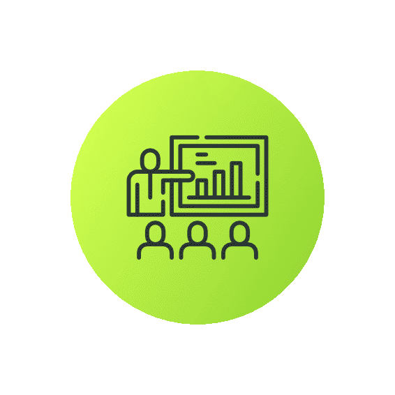Line drawing of a person presenting data on a board to an audience, with bar graphs shown on the board, inside a green circle.