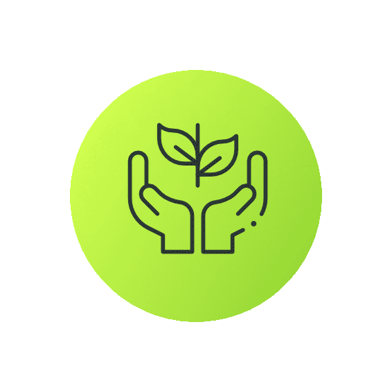 Outline of two hands holding a small plant with leaves inside a green circle, set against a blue background.