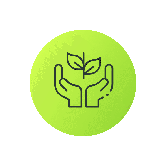 Icon of two hands holding a plant with leaves, set against a green circular background.
