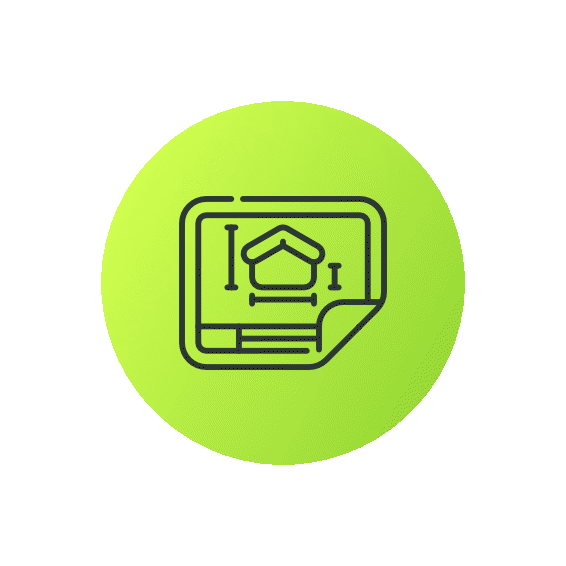 Icon of architectural blueprints with a house and measuring tools inside a green circle.