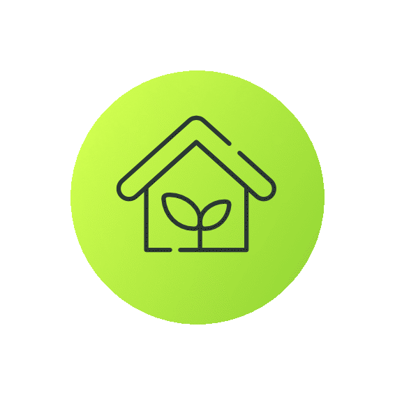 Icon of a house with a leaf inside, representing eco-friendly or sustainable housing, set against a green circular background.