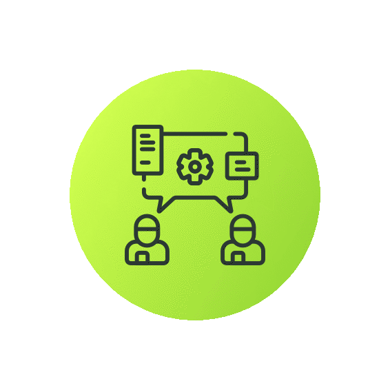 Icon of two people engaging in a conversation about technology or processes, with speech bubbles, gear, and device symbols, on a green circular background.